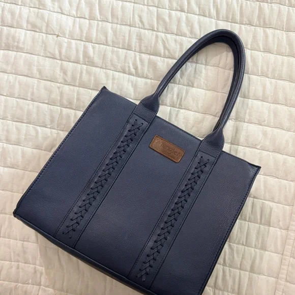 Navy Blue Wrangler Purse/Tote with Braided Accents, Brown Interior Medium Size - Picture 1 of 4